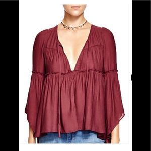 Free People Burgundy V Neck Bell Sleeve Tiered Boho Fall Blouse Medium